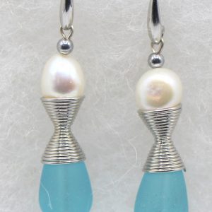 Blue Sea Glass and Pearl Earrings