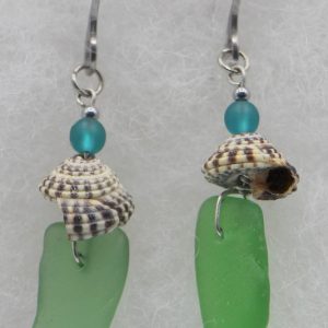 Green and Blue Sea Glass Earrings with Shell