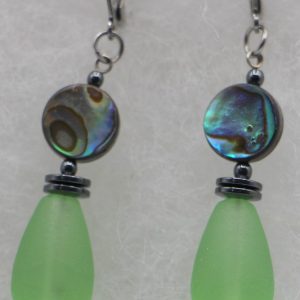 Foam Green Sea Glass Earrings with Abalone Shells