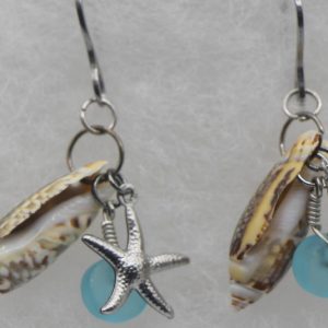 Pale Blue Sea Glass Earrings with Starfish Charm and Sea Shell