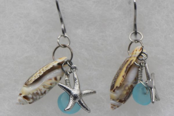 Pale Blue Sea Glass Earrings with Starfish Charm and Sea Shell