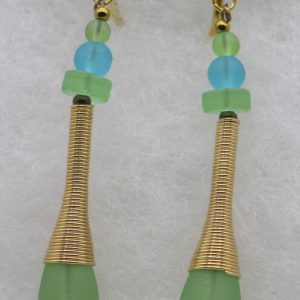Green and Blue Sea Glass Earrings with Gold Wire Coiled Caps