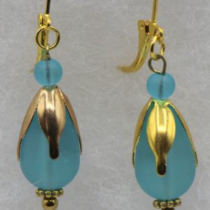 Light Blue Sea Glass Earrings with Gold Tone Accents