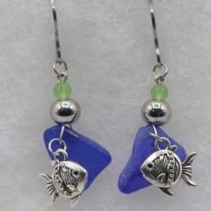 Green and Cobalt Blue Sea Glass Earrings with Fish Charm