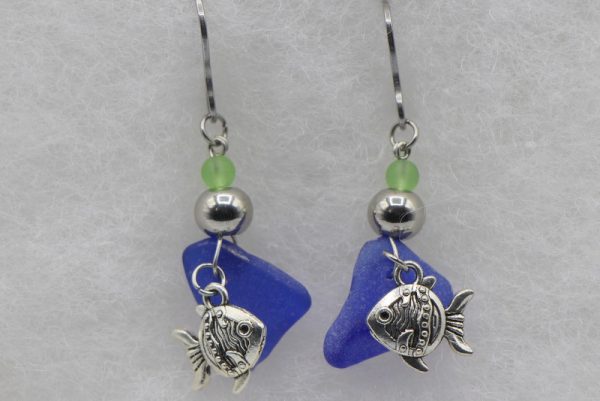 Green and Cobalt Blue Sea Glass Earrings with Fish Charm