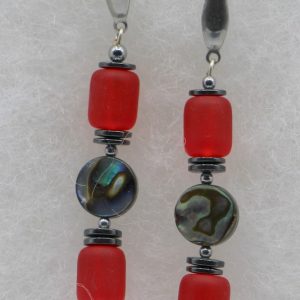 Red Sea Glass Earrings with Abalone Shells