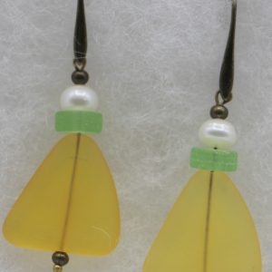 Yellow Sea Glass with Cultured Pearls Earrings