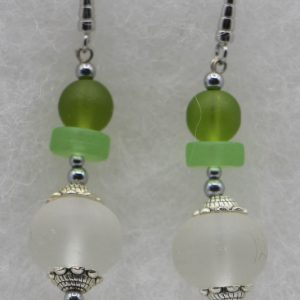 Green and White Sea Glass Earrings