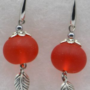 Red Sea Glass Earrings with Leaf Charms