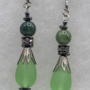 Sea Foam Green Sea Glass Earrings with Canadian Jade Accent