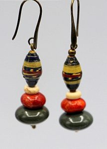 Kenyan paper bead and Picasso jasper earrings