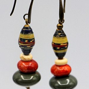 Kenyan paper bead and Picasso jasper earrings