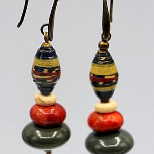 Kenyan paper bead and Picasso jasper earrings