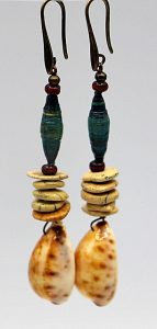 Kenyan paper bead earrings with turquoise and cowry shells.