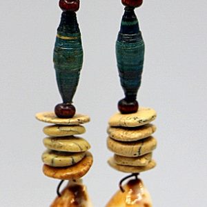 Kenyan paper bead earrings with turquoise and cowry shells.