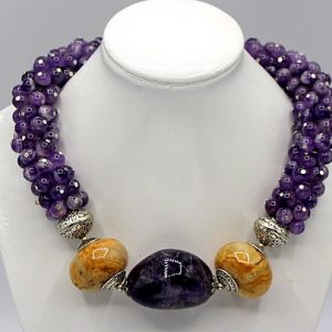 Chunky Amethyst and Petrified Agate Necklace