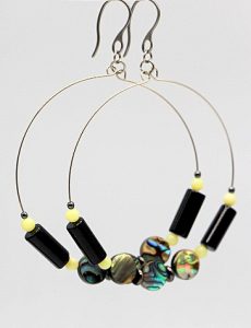 Abalone Shell, Onyx and Jade Hoop Earrings