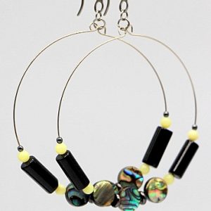 Abalone Shell, Onyx and Jade Hoop Earrings