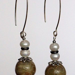 Freshwater Pearls with Hand Carved Stone drop earrings
