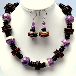 Dog Teeth Amethyst, Ebony and Coconut Wood Necklace Set